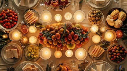 Top view of the wedding table, a set of slides of olives, additionally the table is decorated with elegant dishes and appliances. There are a lot of candles on the table, bows are tied on each candle.