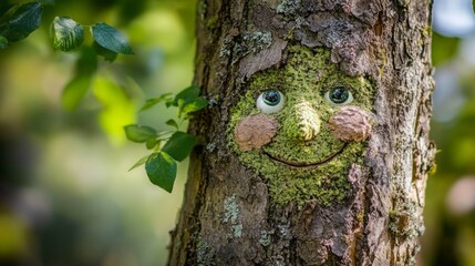 Obraz premium Smiling tree face in a lush green forest. Nature's art!
