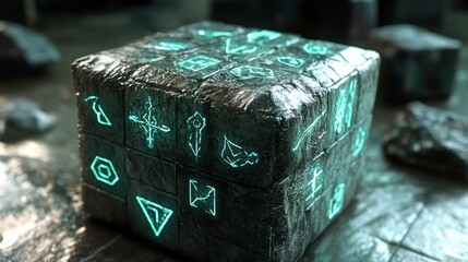 Obraz premium Glowing Symbols on a Mysterious Stone Cube