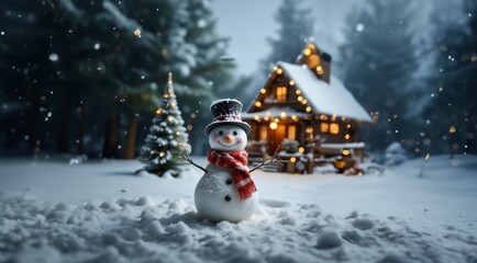 Obraz premium Christmas background. Christmas theme with snowman. Christmas card with Christmas tree on night snowy background.