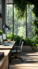 Fototapeta premium A modern office space surrounded by lush greenery and natural light.