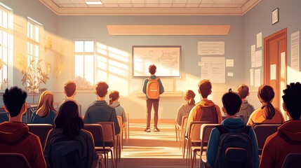 Obraz premium Student giving presentation in sunny classroom.