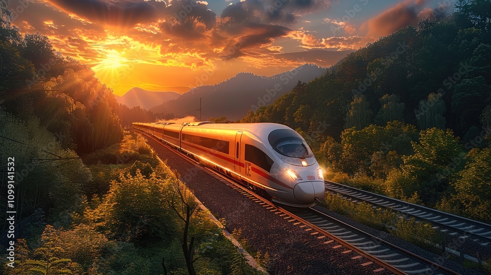 Poster a high-speed train running on the railway track in a beautiful landscape with a green forest and mou