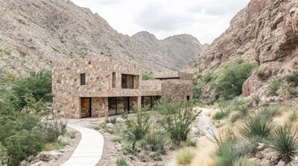 Fototapeta premium Modern stone house nestled in a mountainous landscape, blending with nature.
