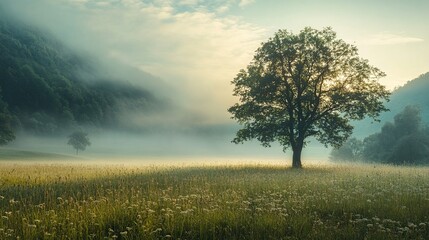 Obraz premium Misty Sunrise Landscape with Solitary Tree and Wildflowers