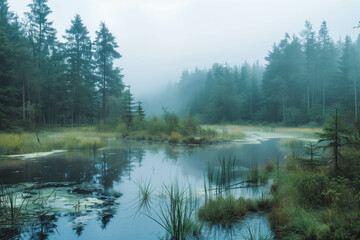 Water pond on a mire in a foggy woodland. Autumn landscape.