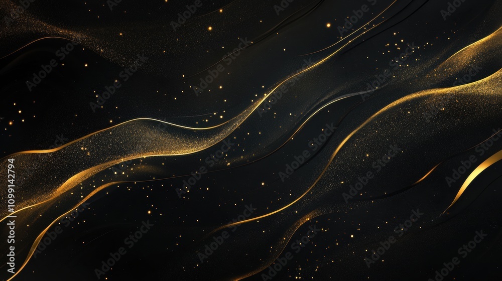 Wall mural abstract design featuring flowing golden lines and shimmering particles on a dark background.