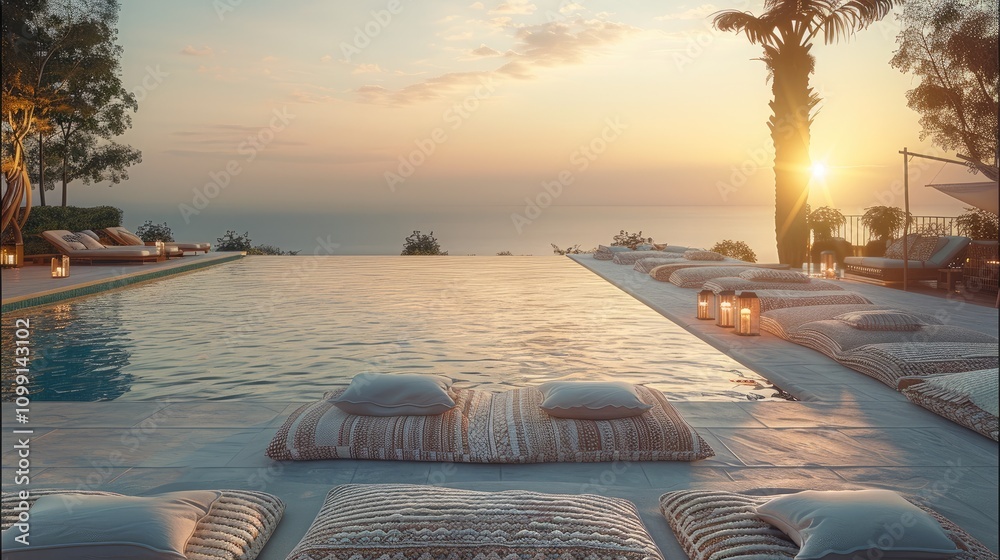 Aufkleber An empty pool area with beach blankets on the ground with throw pillows during the evening when the sun is setting.