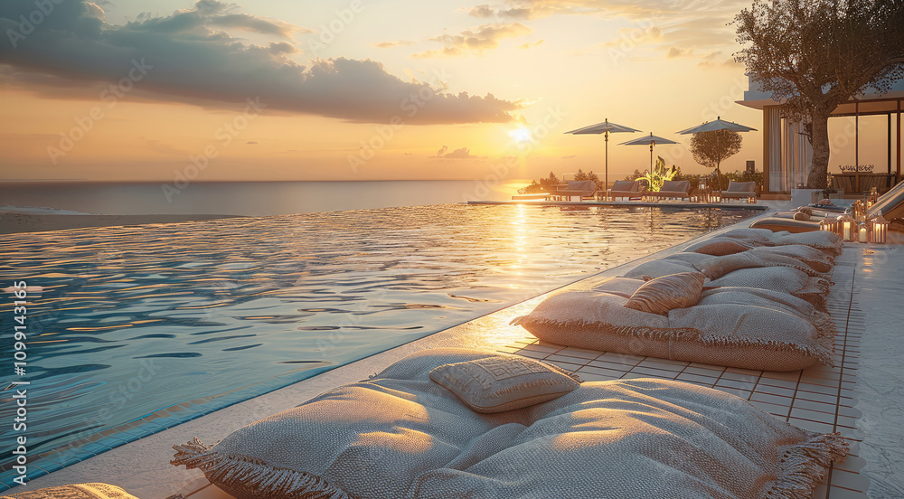 Aufkleber An empty pool area with beach blankets on the ground with throw pillows during the evening when the sun is setting.