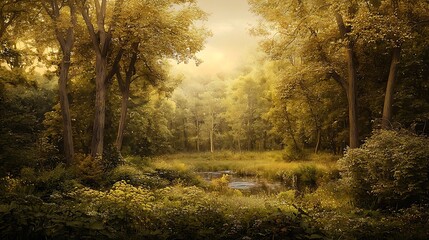Golden Forest Stream  Tranquil Nature Scene