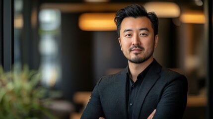 Fototapeta premium A confident man in a black suit poses in a modern office setting.