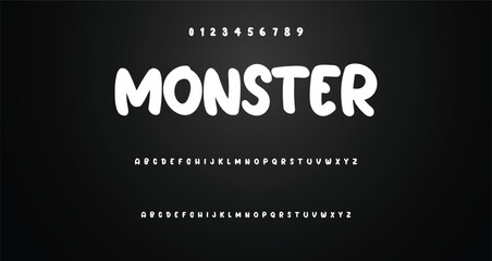 Obraz premium Modern playful alphabet letter and number set. funky font or typography. Vector bold font for poster, flyer, book cover, greeting card, product packaging, graphic print, etc.