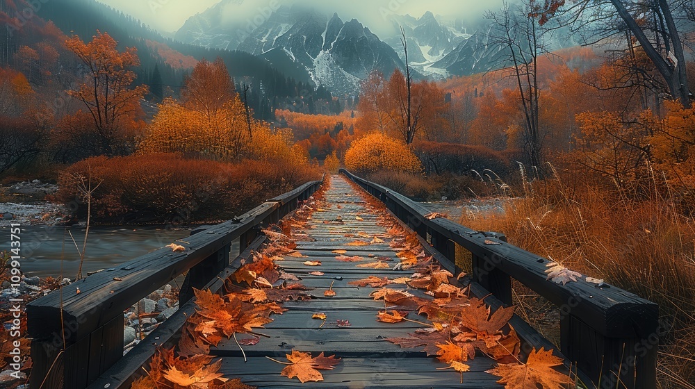 Poster an old wooden bridge stretching across the misty forest during autumn low angle with big autumn leav