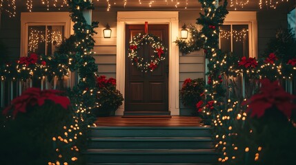 Fototapeta premium Festive Christmas House Entrance Decorated With Lights And Wreaths