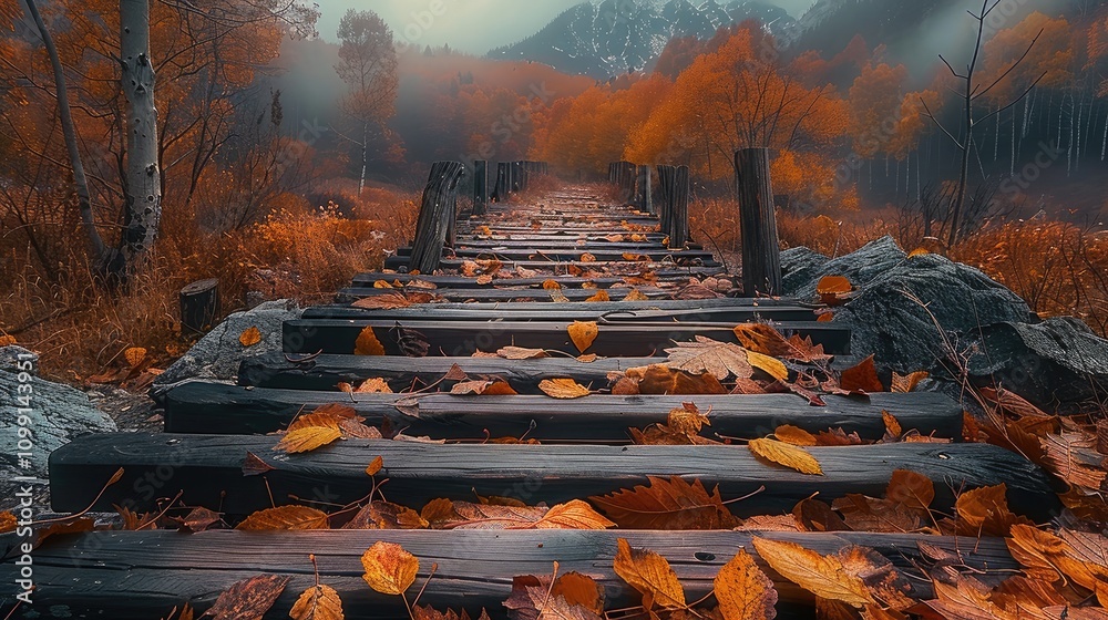 Poster an old wooden bridge stretching across the misty forest during autumn low angle with big autumn leav