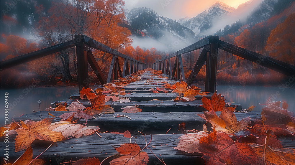 Poster an old wooden bridge stretching across the misty forest during autumn low angle with big autumn leav