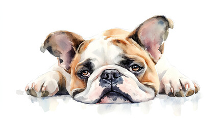 Obraz premium A watercolor Bulldog lying with its head tilted slightly, as if daydreaming, painted softly on a white background