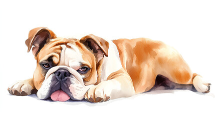 Fototapeta premium A watercolor Bulldog lying with its tongue slightly out, looking relaxed and happy, painted gently against a clean white background
