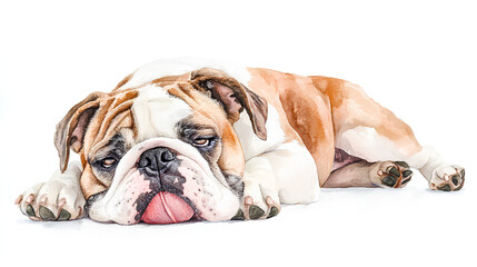Fototapeta premium A watercolor Bulldog lying with its tongue slightly out, looking relaxed and happy, painted gently against a clean white background