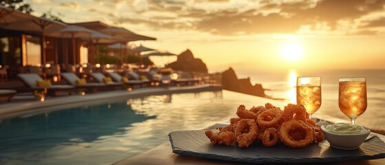 Obraz premium Golden fried calamari with lemon aioli at sunset beachside poolside relaxing atmosphere culinary delight for food enthusiasts