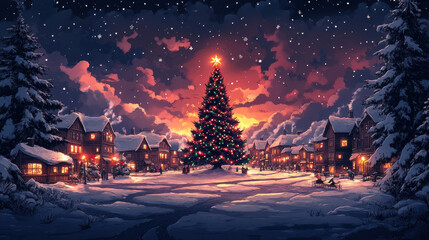 Festive Christmas Tree on Town Square in Cartoon Style