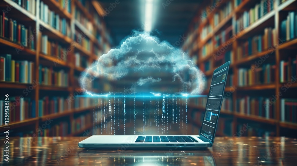 Aufkleber a digital cloud and laptop with a hologram icon on the background, library book shelves, and a futur
