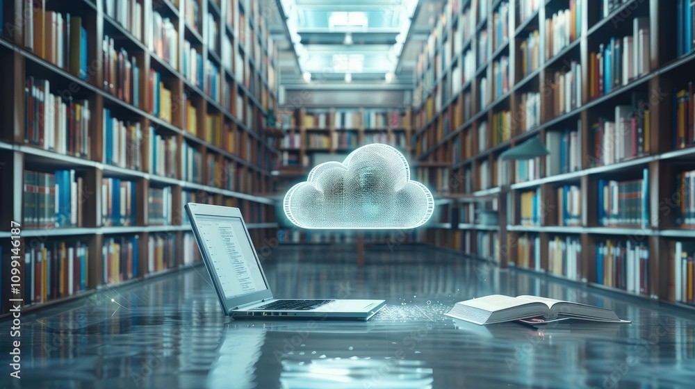 Aufkleber A digital cloud and laptop with a hologram icon on the background, library book shelves, and a futuristic technology concept for online data storage or reading e-books in virtual space.