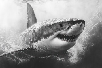 Naklejka premium Majestic Great White Shark Underwater Drawing