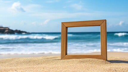 A wooden frame stands on sandy beach with ocean waves in background.