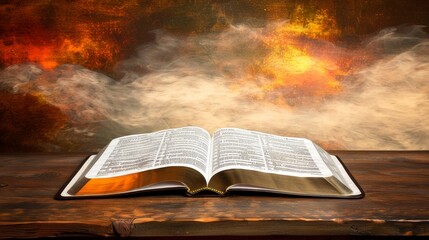 Close-up of open Bible on wooden table, sunlight illuminating sacred text, serene contemplative scene with ample copy space for text or design.	