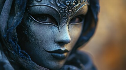 Close-up of a Woman Wearing an Intricate Silver Masquerade Mask