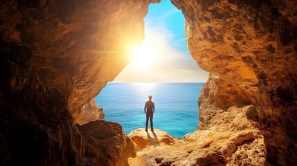 A person standing at the entrance of a cave with a flashlight in hand symbolizing the courage to start a new journey into the unknown