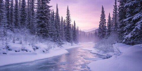Obraz premium A serene winter landscape with snow-covered evergreen trees. A frozen river winds through the scene, with the soft pink and purple hues of dusk in the sky