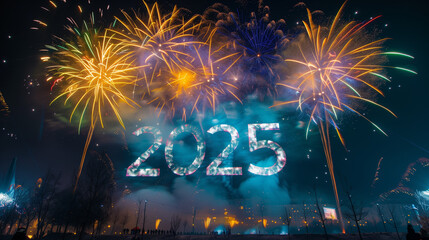 Fireworks in the city and colorful numbers of a New Year 2025 in the sky 