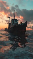 Fototapeta premium Sunset Over the Ocean with a Rusty Shipwreck