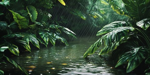 Fototapeta premium A tropical jungle captured during a rainstorm, with rain droplets glistening on large, vibrant green leaves. A small stream winds through the scene, creating ripples in the water