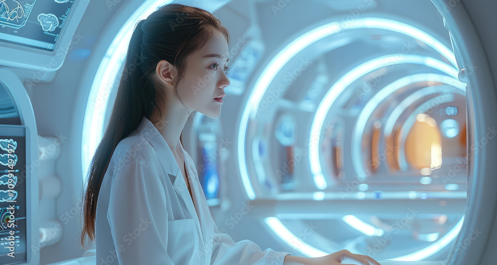 Leinwandbilder a highly focused medical professional analyzing brain scan data on a high-resolution screen, surroun