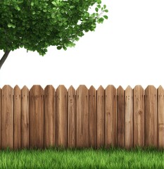 Fototapeta premium Elegant wooden fence with vibrant paint splatters set against a lush green grass backdrop and a leafy tree nearby