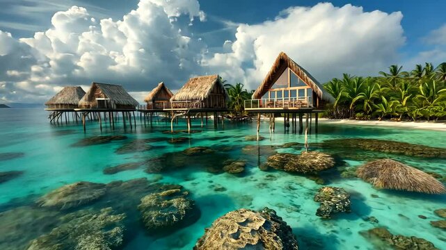Tropical island with thatched-roof huts on stilts over the water, surrounded by turquoise lagoons and coral reefs. . 4K Video