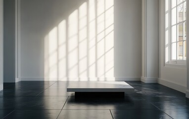 Fototapeta premium A minimalist 3D rendering of an empty room with white walls and black floor tiles, showcasing a modern coffee table near a window with natural sunlight