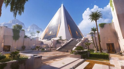 Fototapeta premium Modern Pyramid with Lush Landscape in Bright Sky
