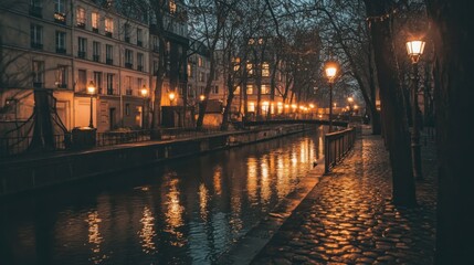 Serene nighttime canal scene with glowing street lamps and reflections.