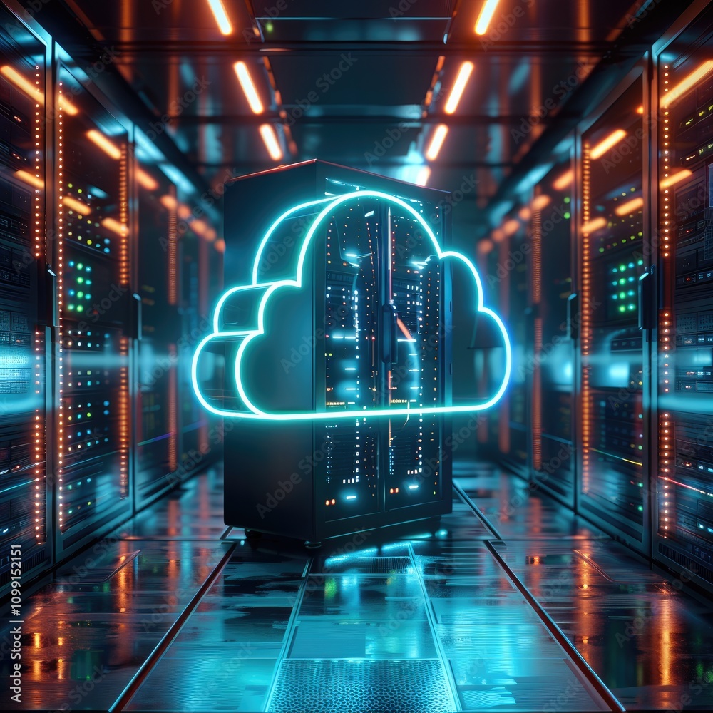Aufkleber A single, powerful cloud server stands in the center of a sleek, futuristic data center. The server black, polished surface is illuminated by glowing neon blue and green lines, symbolizing data flow.