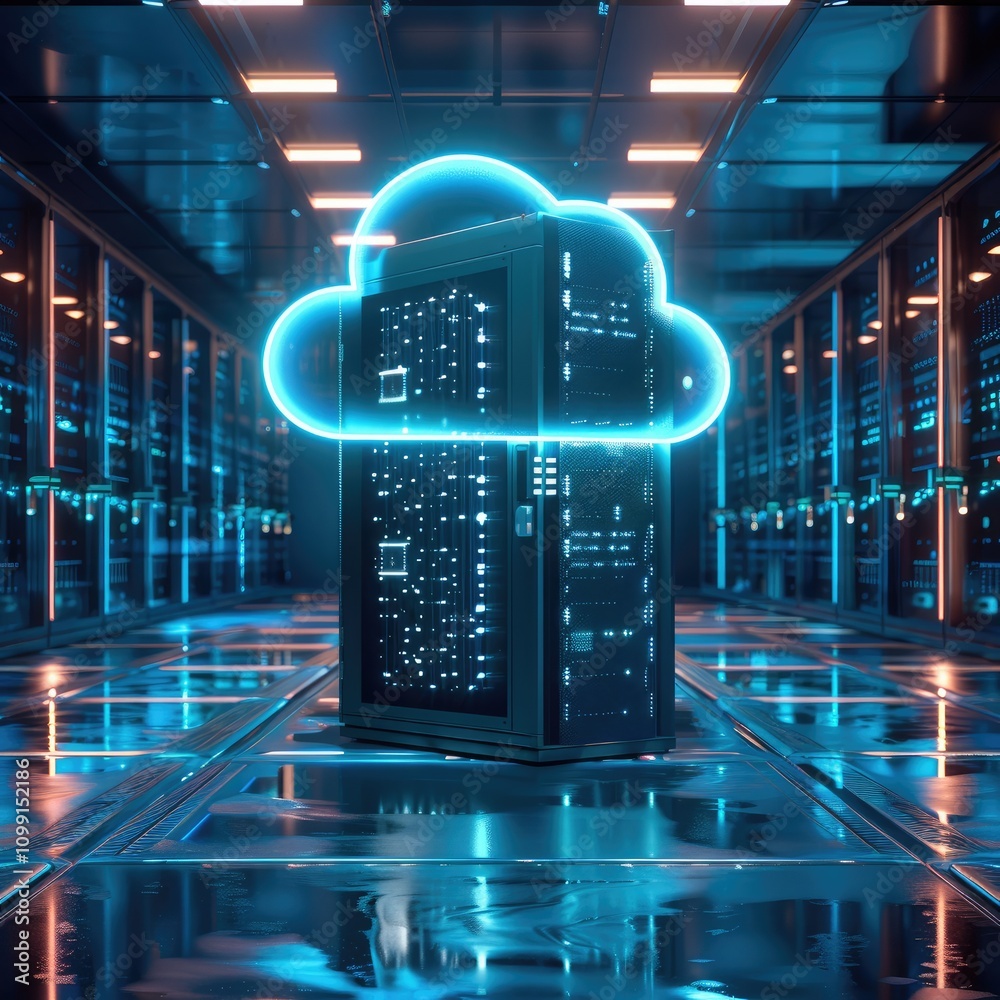 Aufkleber a single, powerful cloud server stands in the center of a sleek, futuristic data center. the server 