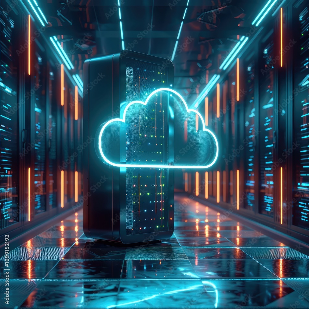 Aufkleber a single, powerful cloud server stands in the center of a sleek, futuristic data center. the server 