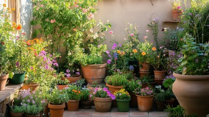 Fototapeta premium Vibrant Flower Pots in a Sunny Garden Space