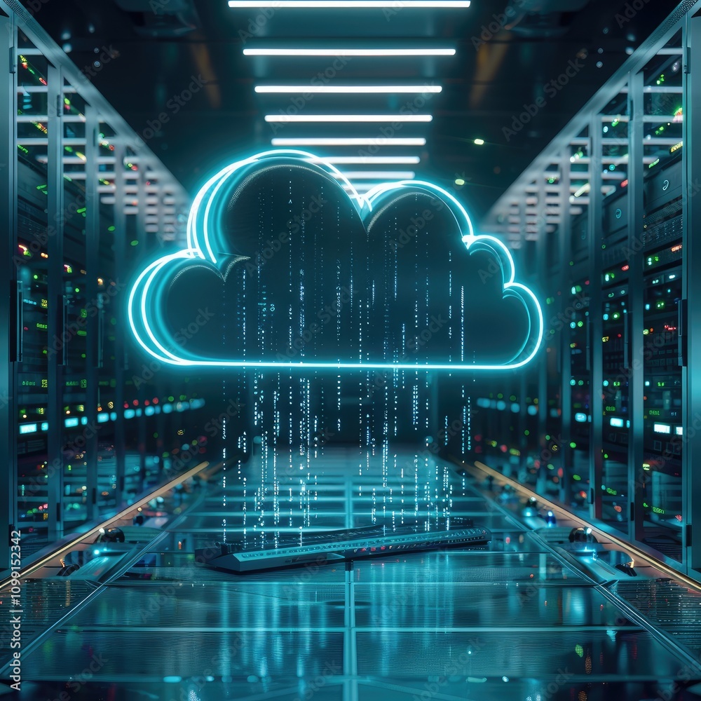 Aufkleber A single, powerful cloud server stands in the center of a sleek, futuristic data center. The server black, polished surface is illuminated by glowing neon blue and green lines, symbolizing data flow.