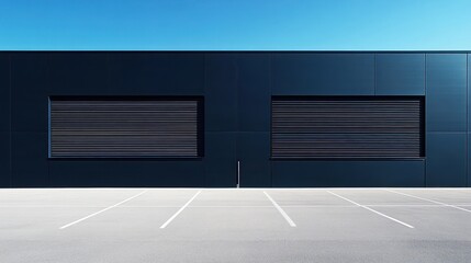 Obraz premium Minimalist industrial building with large windows and empty parking lot.