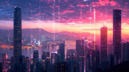 Naklejka premium A vibrant city skyline illuminated by digital effects at sunset.