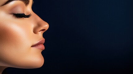 Fototapeta premium businesswoman fatigue well-being Concept. A side profile of a woman with flawless skin and elegant eyelashes, set against a dark background, highlighting her serene expression.
